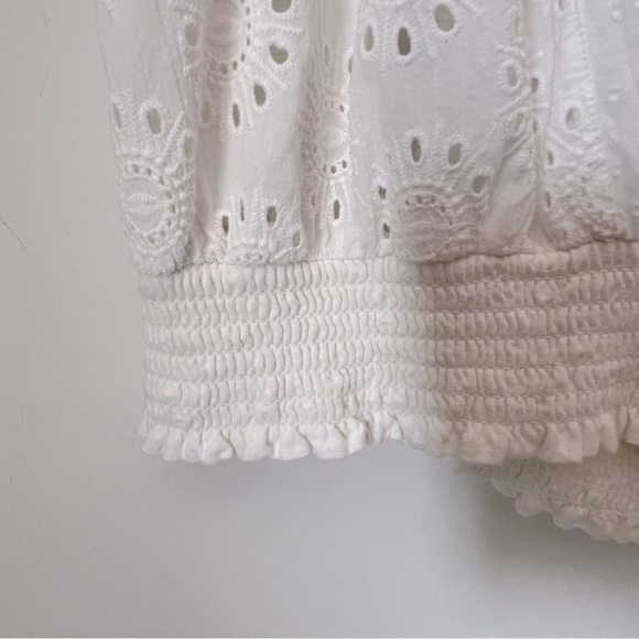Porridge White Eyelet Embroidery Anglaise Smocked Boho Coastal Back-Tie Top M - Picture 14 of 16